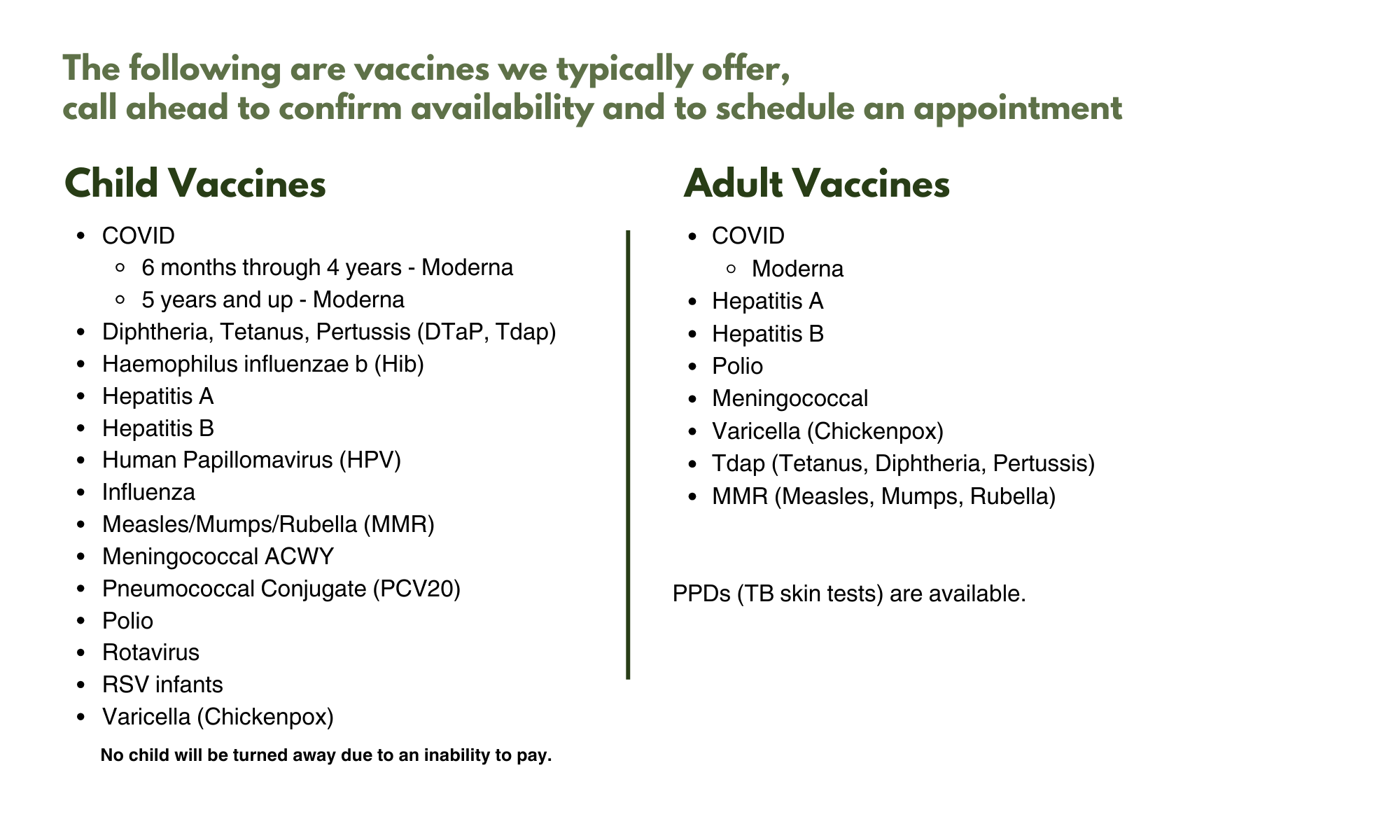 Vaccine Listing for children and adults